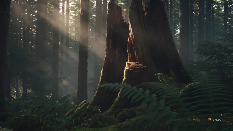 Wide forest with layered bracket fungi on an old tree