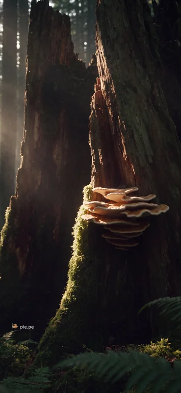 Portrait forest with amber bracket fungi on a mossy trunk